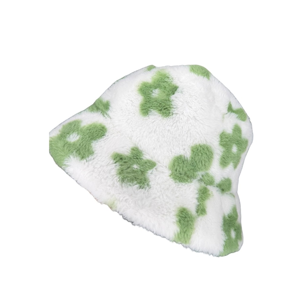 Green White Faux Fur Fuzzy Bucket Hat Flower Print Adjustable Y2K Streetwear